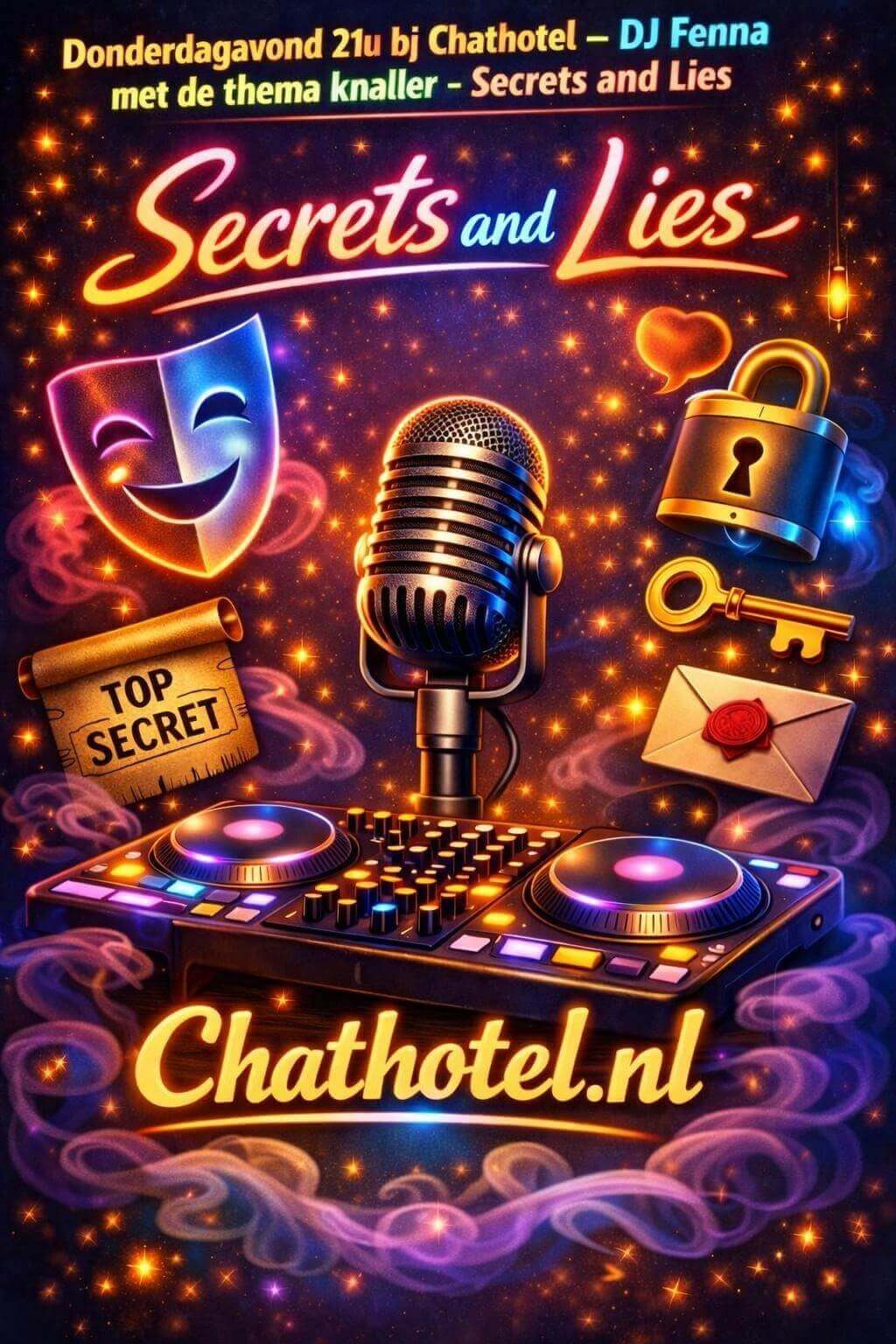 Promotieafbeelding van de Themaknaller Secrets and Lies met DJ Fenna op ChatHotel.nl.