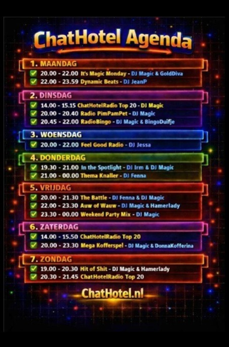 ChatHotel Weekprogramma met een overzicht van alle radioshows van deze week