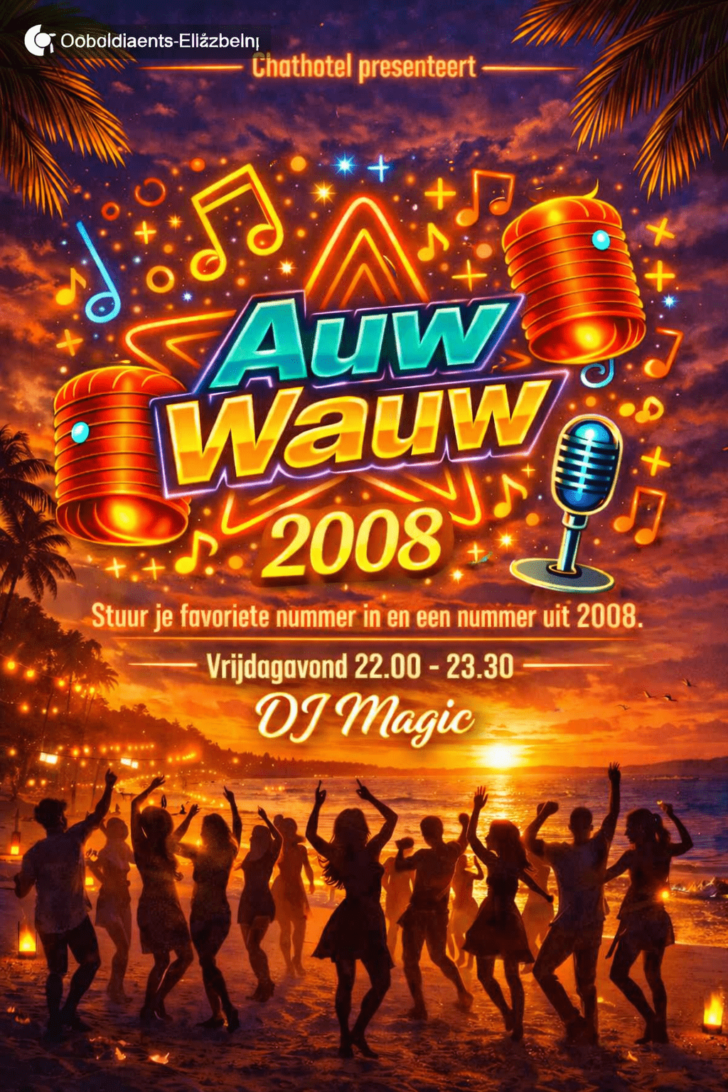 “Promotieposter voor het Auw Wauw 2008 muziekevenement van Chathotel met DJ Magic. Een tropisch strandfeest met silhouetten van dansende mensen, de tekst ‘Auw Wauw 2008’ en muziekelementen.”