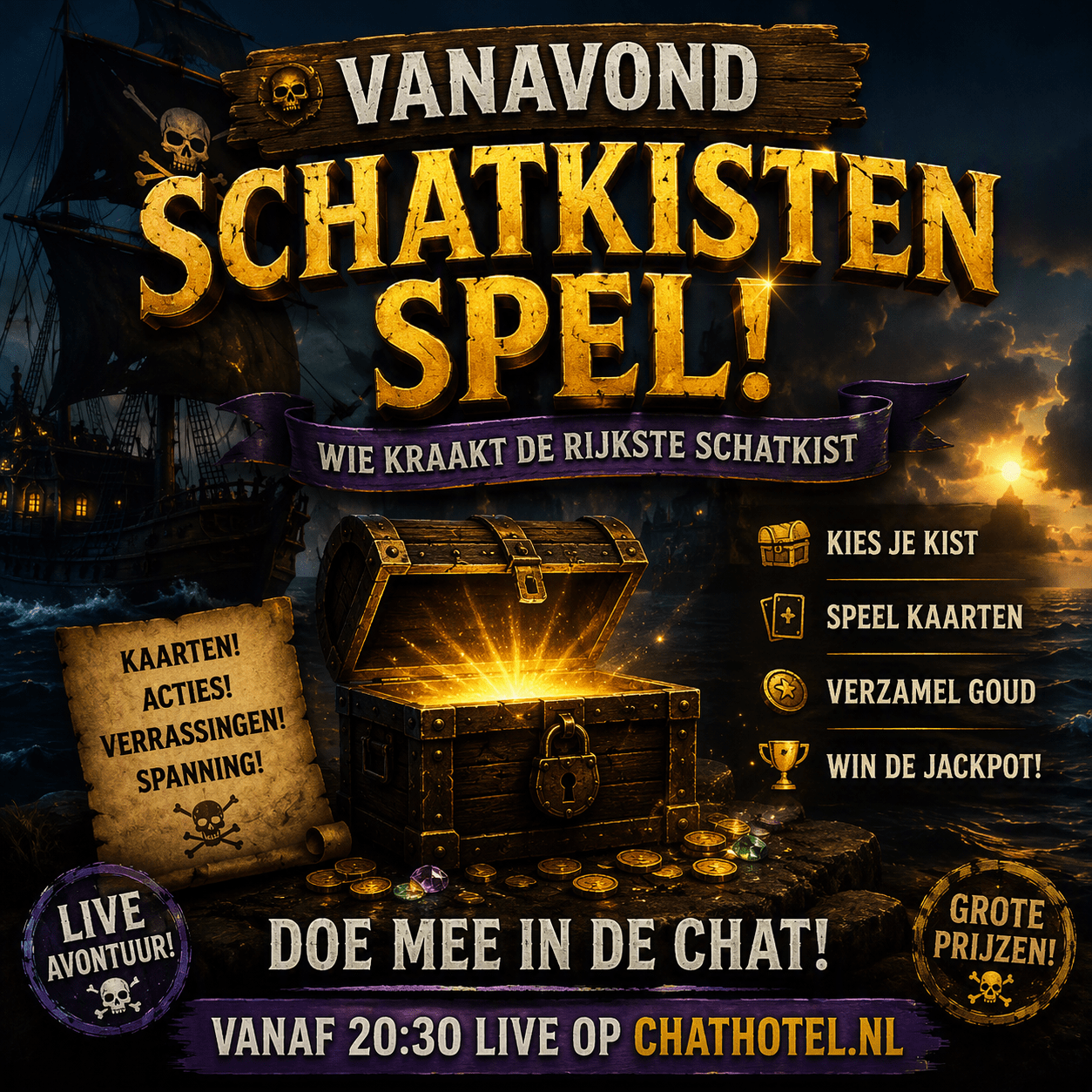 Promotieafbeelding voor het Schatkistenspel op Chathotel.nl met een mysterieuze schatkist vol goud, een piratenschip op zee en de uitnodiging om live mee te spelen.