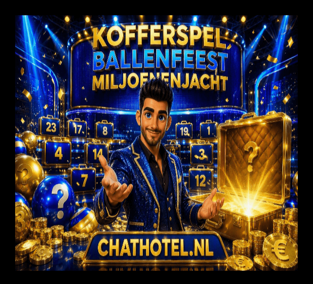 Luxe tv-spelshow banner voor ChatHotel.nl met presentator, genummerde koffers, mystery ballen, gouden munten en een open gouden koffer op een spectaculair blauw-goud podium.
