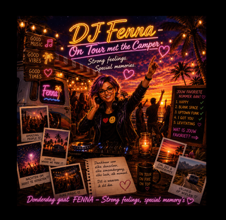 DJ Fenna tijdens On Tour met de Camper met het thema Strong Feelings & Special Memories, omringd door herinneringen, muziek en camperavonturen.